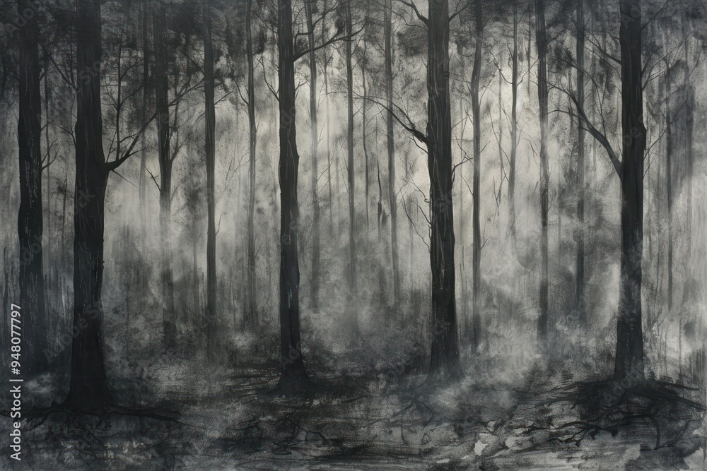 Obraz premium A Dark and Foggy Forest Scene with Tall Trees