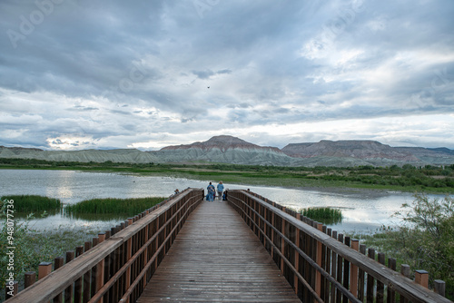 Lake view from the wooden pier. Tent camp in Nallıhan bird sanctuary. Walking by the lake. Nallıhan bird sanctuary, located on the migration route of birds. Nallıhan lake. Magnificent views from Nallı photo