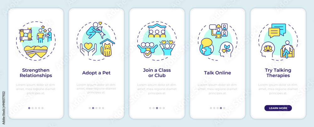 Loneliness prevention tips onboarding mobile app screen. Walkthrough 5 steps editable graphic instructions with linear concepts. UI, UX, GUI template. Montserrat SemiBold, Regular fonts used Loneliness prevention tips onboarding mobile app screen. Walkthrough 5 steps editable graphic instructions with linear concepts. UI, UX, GUI template. Montserrat SemiBold, Regular fonts used