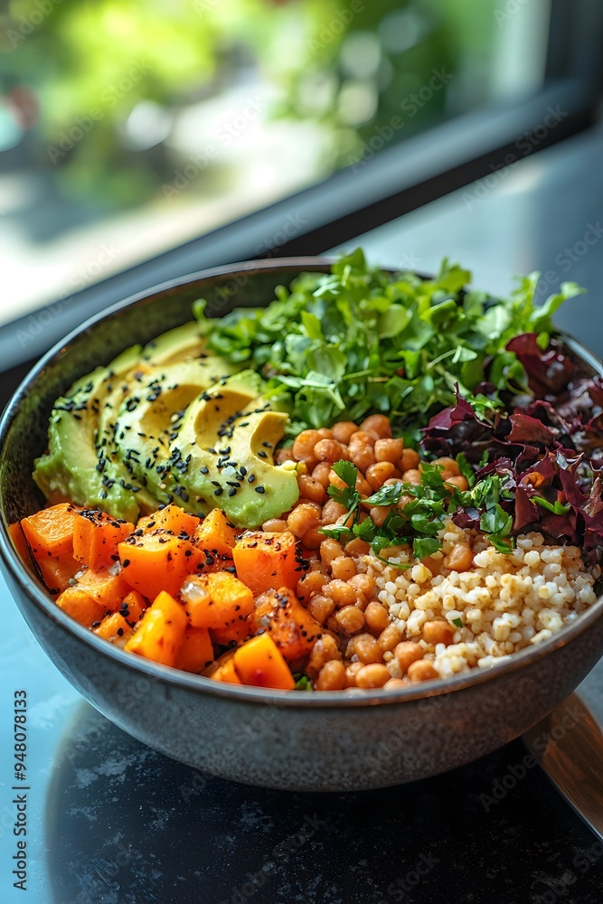 Vegan Buddha Bowl - A colorful bowl filled with grains, roasted vegetables, leafy greens, avocado, and a tahini dressing. Vegan Buddha Bowl - A colorful bowl filled with grains, roasted vegetables, leafy greens, avocado, and a tahini dressing.