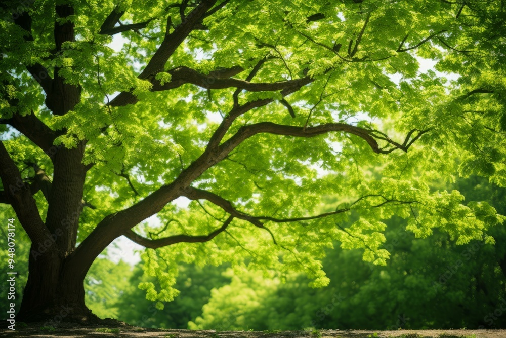 Serene nature backdrop with sunlight piercing vibrant green tree foliage Serene nature backdrop with sunlight piercing vibrant green tree foliage