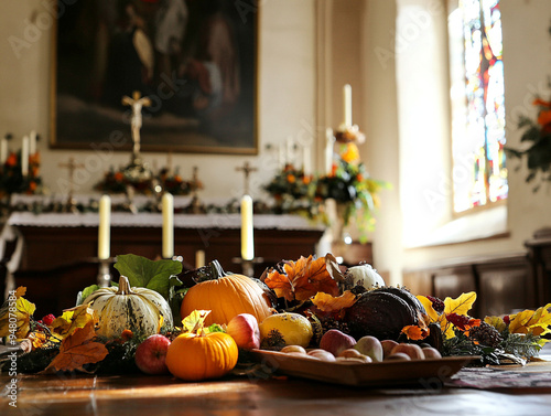 Thanksgiving decorations in church, autumn decor in interior photo