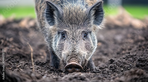 Closeup of a Dirty Pig s Snout Emerging from Muddy Ground in Rural Countryside