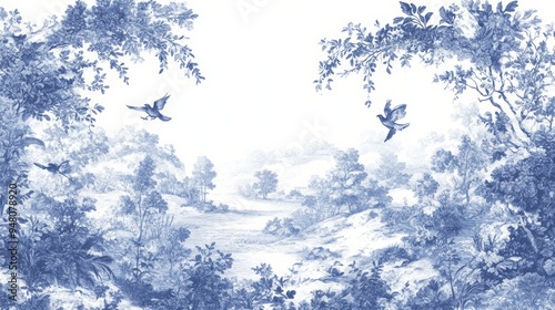 A classic toile de Jouy pattern in shades of blue and white, depicting pastoral scenes and intricate floral borders. The design is arranged in a way that the central area remains empty, allowing for