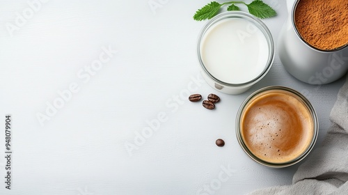 A delectable setup of fresh latte coffee alongside a small glass of milk and whole coffee beans displayed on a clean, white surface, creating an inviting and refreshing composition.