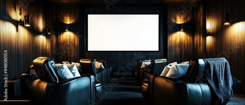 Modern private home theater with luxurious recliners, soft lighting, and large screen, premium entertainment feel