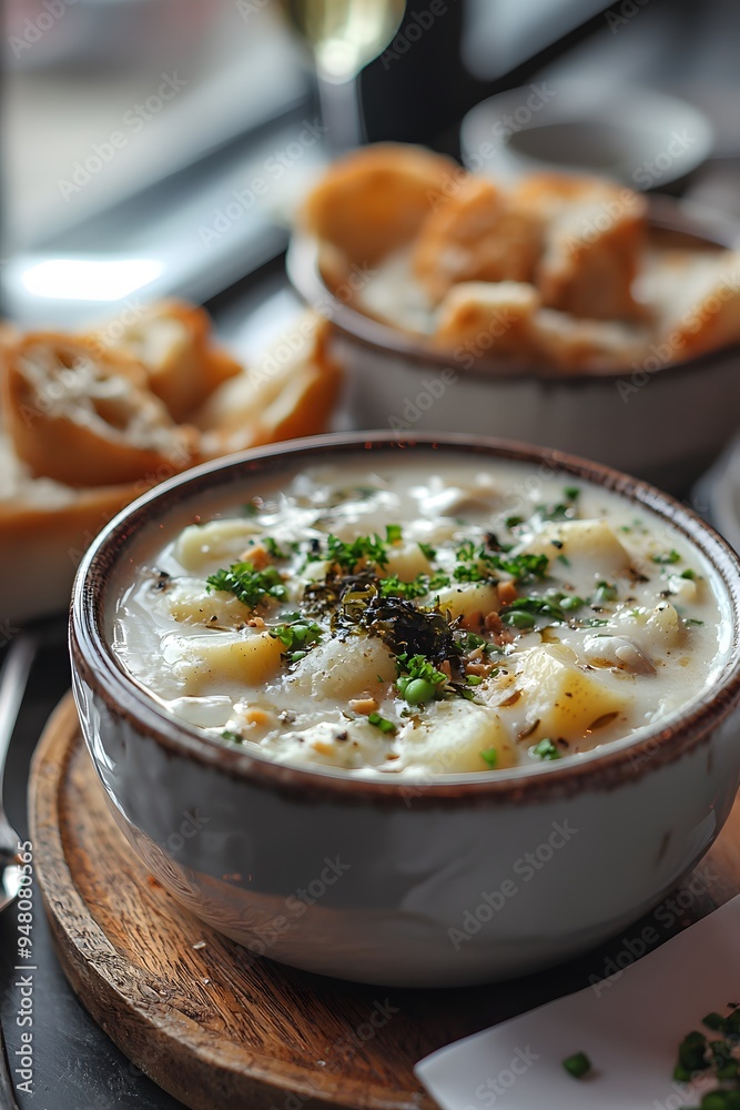 Vegan Clam Chowder - A creamy soup made with potatoes, celery, and seaweed, simulating the flavor of clam chowder.. Vegan Clam Chowder - A creamy soup made with potatoes, celery, and seaweed, simulating the flavor of clam chowder..