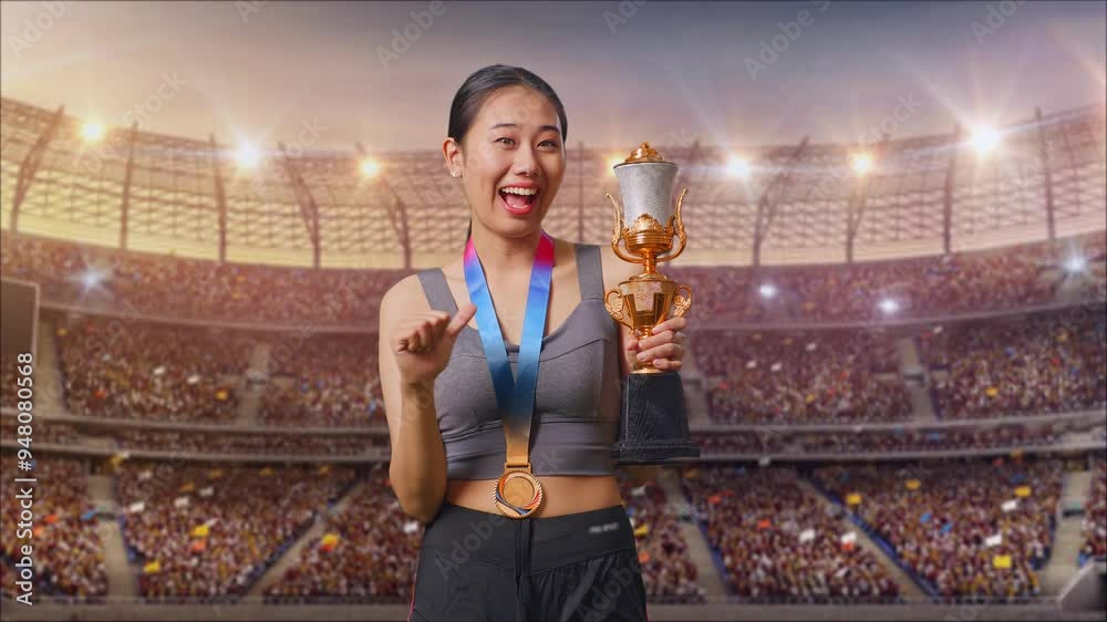 Asian Woman With A Gold Medal Showing Gold Trophy To Camera, Smiling ...