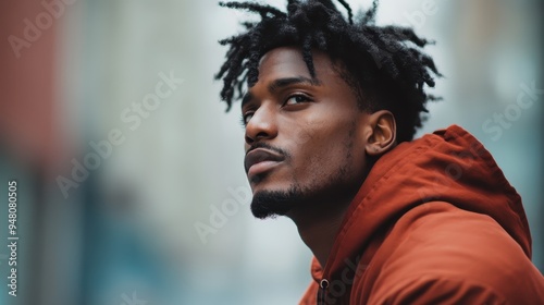 A pensive man with dreadlocks gazes intently in an urban landscape, reflecting a thoughtful, visionary perspective, highlighted by the cool, muted tones of the city backdrop.