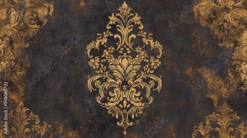 A richly textured European wallpaper featuring a faux leather effect with embossed damask patterns in shades of deep brown and gold. The design is concentrated on the sides, leaving a large blank photo