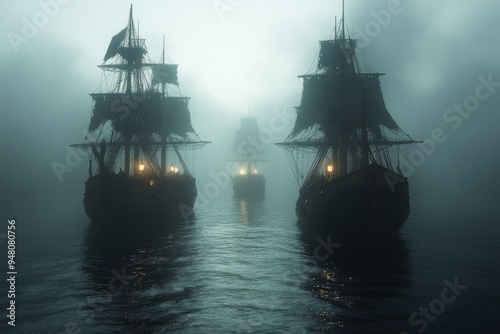 Wallpaper Mural Eerie pirate ships navigating through foggy waters. Generative AI Torontodigital.ca