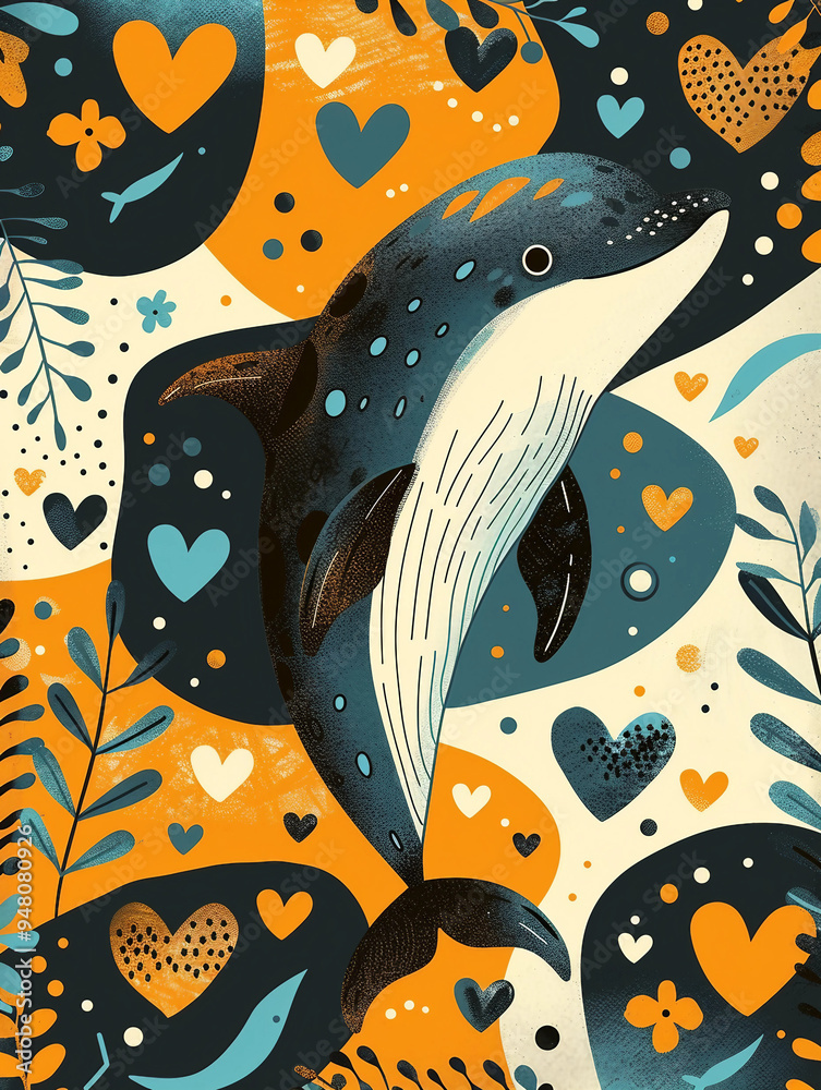 A colorful painting of a dolphin with hearts surrounding it A colorful painting of a dolphin with hearts surrounding it