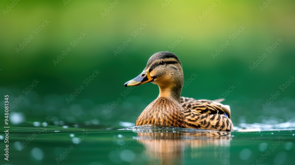 Fototapeta premium Majestic mallard duck swimming in serene green lake with reflective water surface