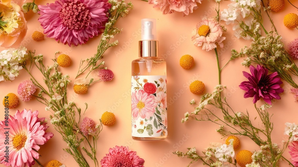 A bottle of body mist with floral design, surrounded by fresh flowers.