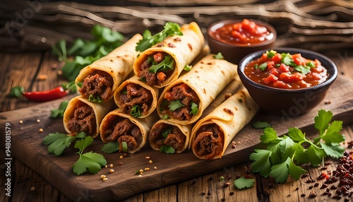 Homemade Mexican Beef Taquitos with Cilantro and Salsa
 photo