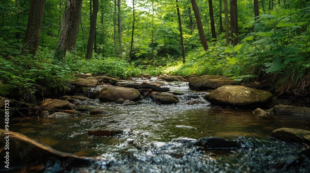 A quiet forest stream flowing over rocks, surrounded by lush greenery and tall trees, creating a tranquil setting A quiet forest stream flowing over rocks, surrounded by lush greenery and tall trees, creating a tranquil setting