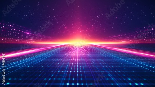 Futuristic neon lights landscape featuring glowing grid and vibrant horizon. Perfect for tech, retro, and digital themes.