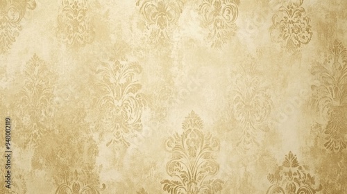 A richly textured European wallpaper featuring a faux plaster effect with embossed damask patterns in shades of cream and gold. The design is concentrated on the sides, leaving a large blank space in