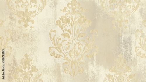 A richly textured European wallpaper featuring a faux plaster effect with embossed damask patterns in shades of cream and gold. The design is concentrated on the sides, leaving a large blank space in