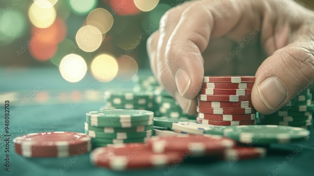Hand stacking poker chips in casino with colorful bokeh background