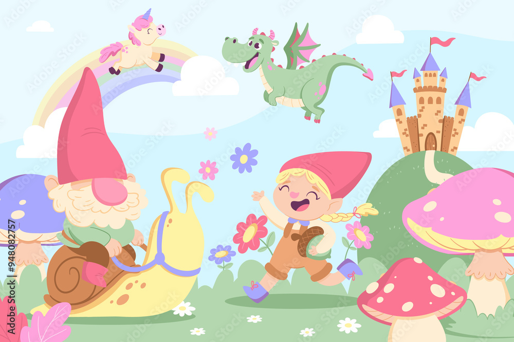 Obraz premium Hand drawn flat cute mythical creatures composition background