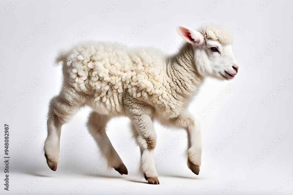 Fototapeta premium A playful lamb with white wool hopping on a white background, Ai Generated