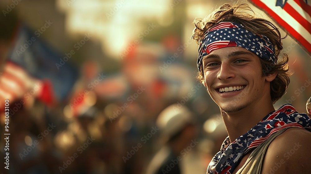 Obraz premium Joyful man with American flag bandana smiling at festive street parade, capturing happiness and patriotic spirit
