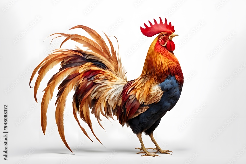 Fototapeta premium A regal rooster with vibrant red and gold feathers crowing on a white background, AI Generated