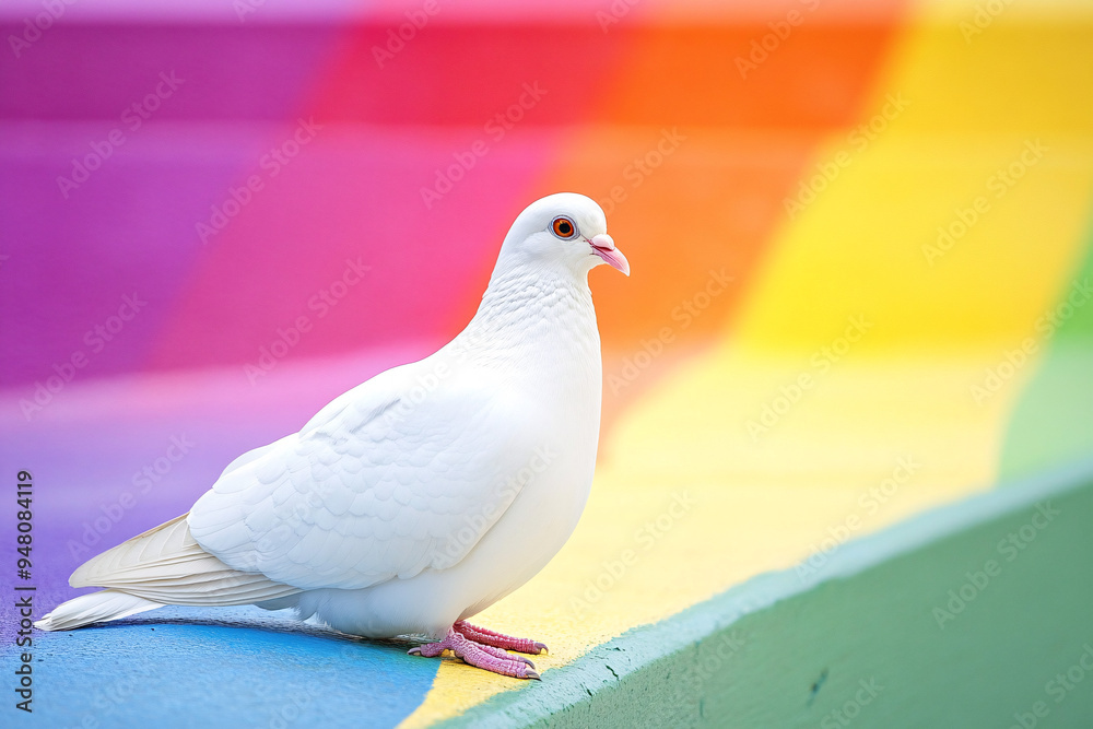 Obraz premium A white dove perched on a colorful rainbow staircase, creating a peaceful and vibrant contrast with its surroundings 