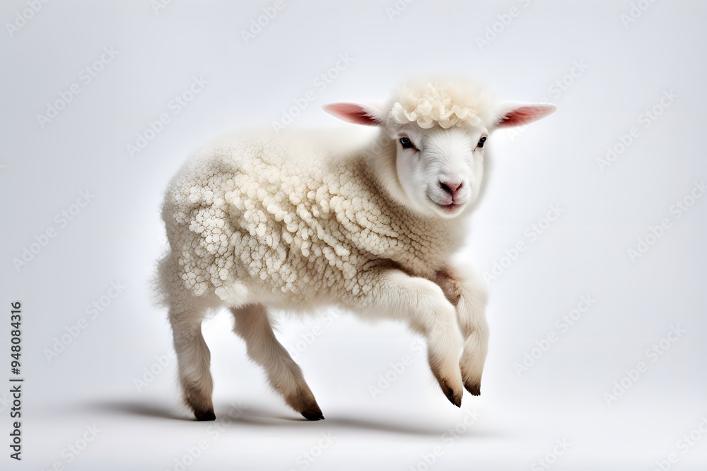A playful lamb with white wool hopping on a white background, Ai Generated A playful lamb with white wool hopping on a white background, Ai Generated