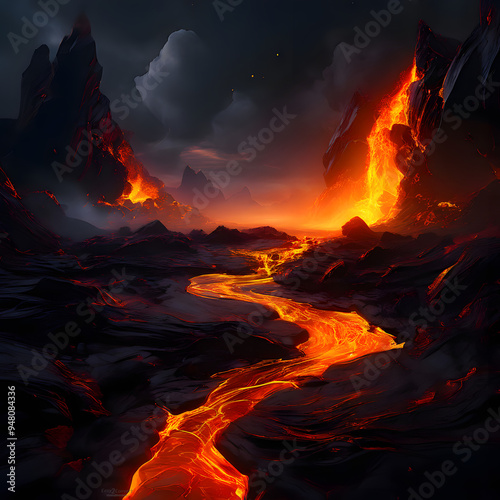 Molten gold cascading over a landscape of black lava flow, creating an immersive and abstract background that envelops the viewer