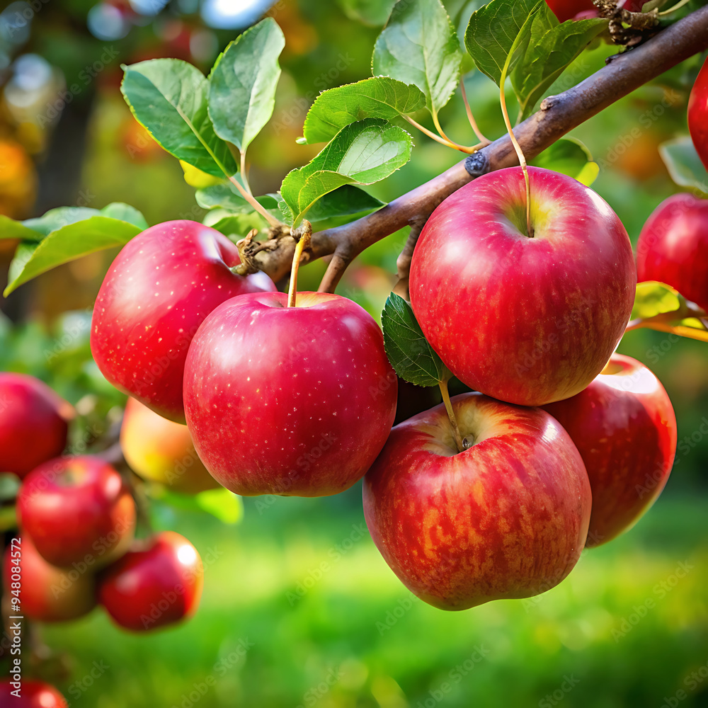 Red apples with branch in garden Red apples with branch in garden