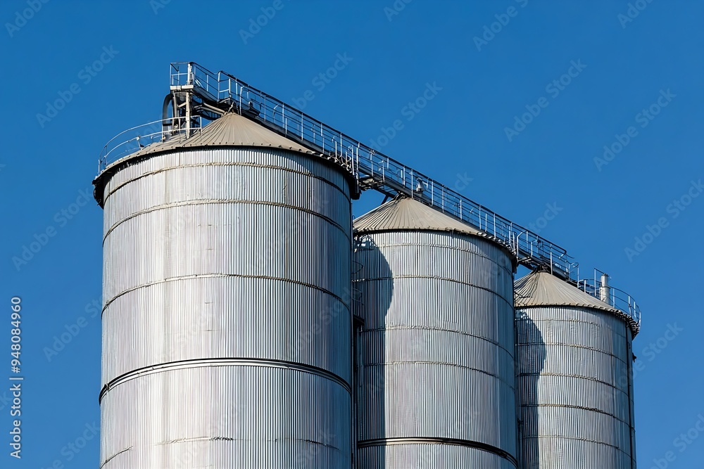Modern industrial facility with shiny metallic silos under a bright blue sky, showcasing agriculture grain storage Modern industrial facility with shiny metallic silos under a bright blue sky, showcasing agriculture grain storage