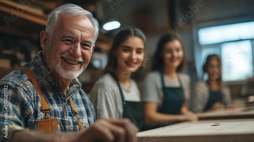 Elderly Caucasian Man and His Young Female Team in a Workshop
