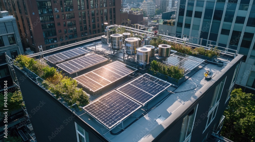 A rooftop with solar water heaters and eco-friendly technology, demonstrating sustainable urban living A rooftop with solar water heaters and eco-friendly technology, demonstrating sustainable urban living