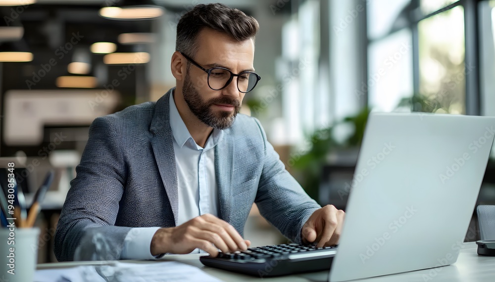 Businessman in a Suit Typing on a Laptop in an Office