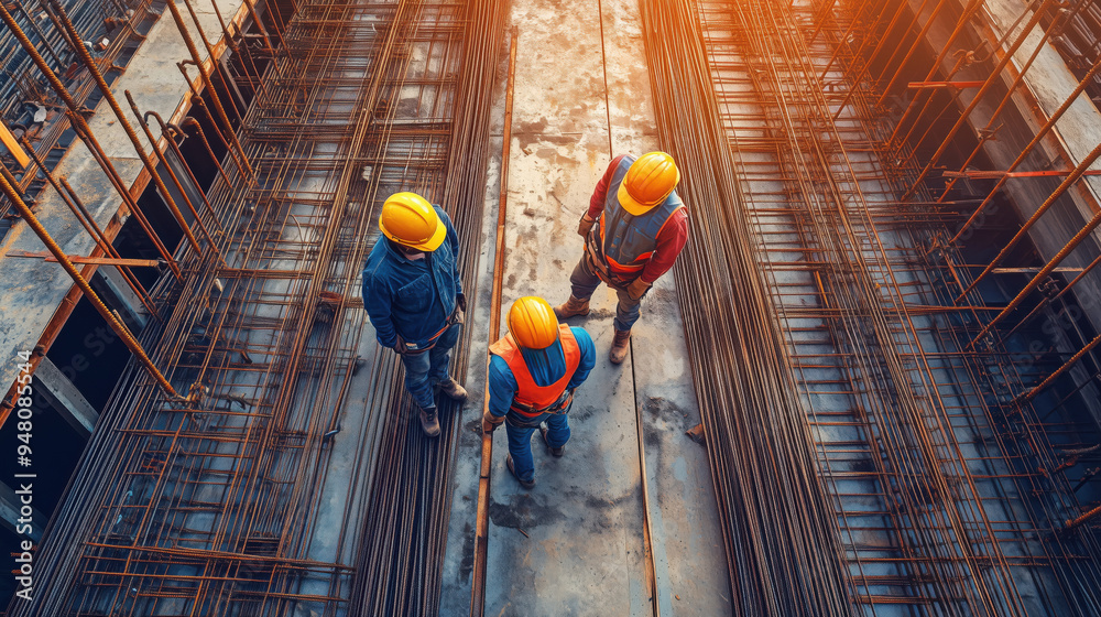Three construction engineers wearing hard hats and safety vests stand on a building site, discussing the installation of rebar for structural support. Three construction engineers wearing hard hats and safety vests stand on a building site, discussing the installation of rebar for structural support.
