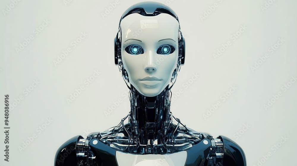 This humanoid AI robot features a futuristic design with glowing blue eyes, emphasizing modern technology and robotics in a minimal setting This humanoid AI robot features a futuristic design with glowing blue eyes, emphasizing modern technology and robotics in a minimal setting