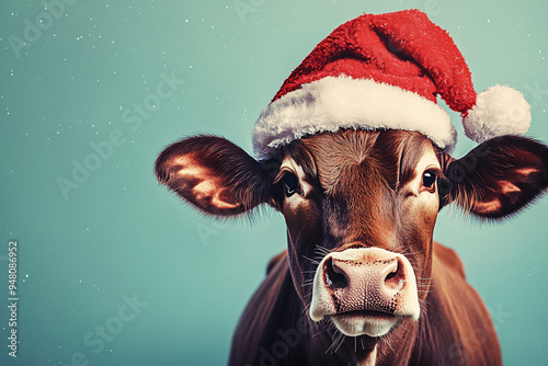 A brown cow wearing a Santa hat stands against a festive backdrop, combining holiday spirit with rural charm