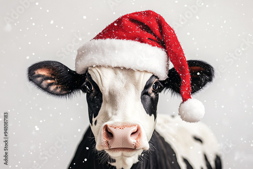 A cute cow wearing a Santa hat standing against a snowy backdrop, blending holiday cheer with farm life