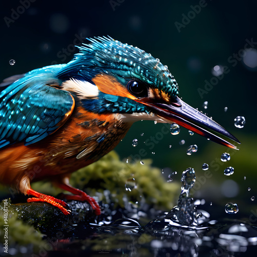 Ultra-realistic photography of a beautiful kingfisher catching a fish, captured with red cinematic lighting and an 85mm lens.