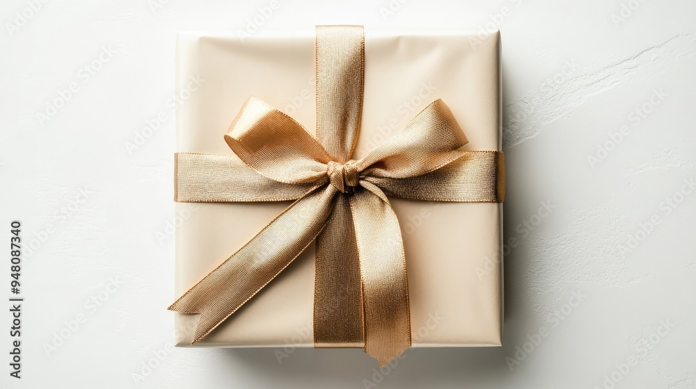A stylishly wrapped gift with a metallic gold ribbon and a bow, set against a clean, white background for a modern look A stylishly wrapped gift with a metallic gold ribbon and a bow, set against a clean, white background for a modern look