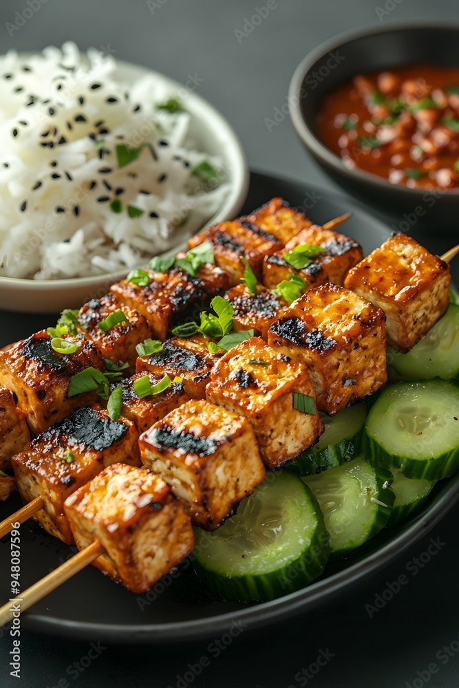 Vegan Satay Skewers - Grilled tofu or tempeh skewers marinated in a spicy peanut sauce, served with cucumber salad.. Vegan Satay Skewers - Grilled tofu or tempeh skewers marinated in a spicy peanut sauce, served with cucumber salad..