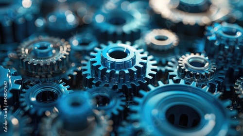 Complex system of shiny metallic gears interlocking and turning