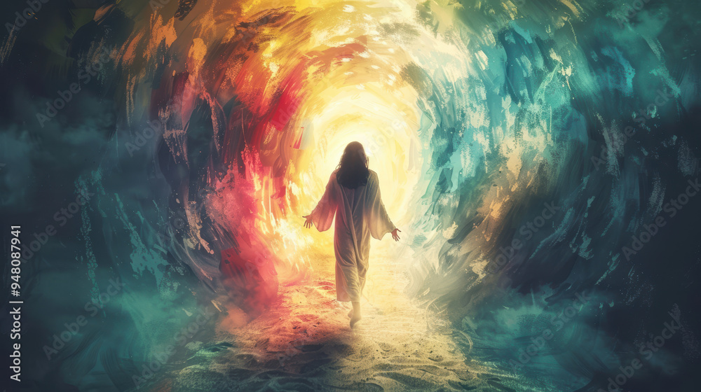 Watercolor style, Resurrection of Jesus Christ emerging from the tomb, Radiant light surrounding Him, Glorious and triumphant scene, Soft pastel colors and ethereal atmosphere Watercolor style, Resurrection of Jesus Christ emerging from the tomb, Radiant light surrounding Him, Glorious and triumphant scene, Soft pastel colors and ethereal atmosphere