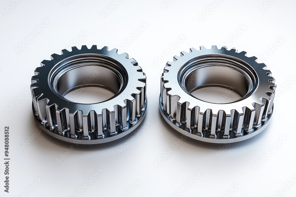 Pair of shiny metal gears isolated on a clean white background. Pair of shiny metal gears isolated on a clean white background.