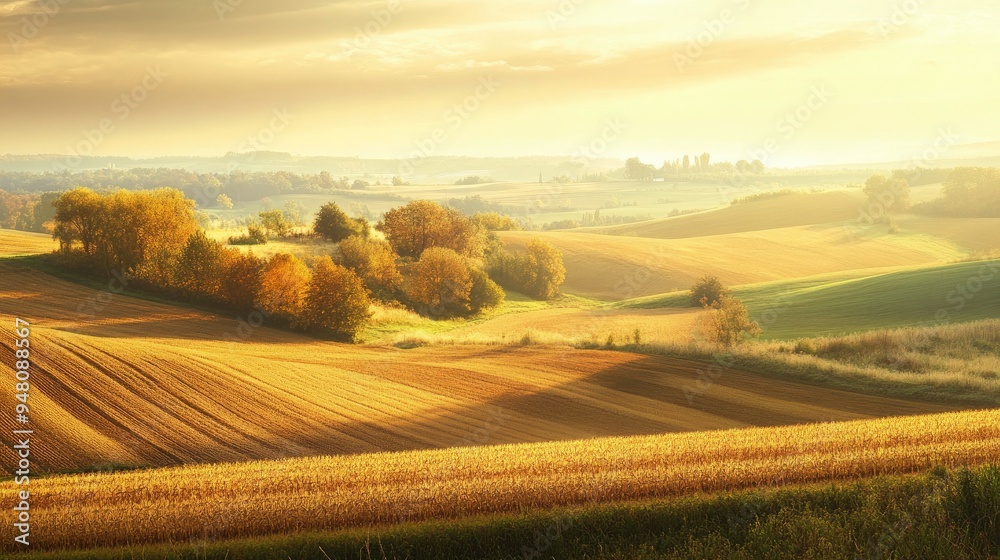 Fototapeta premium A wide landscape shot of fields transitioning from the harvest of summer to the golden hues of autumn