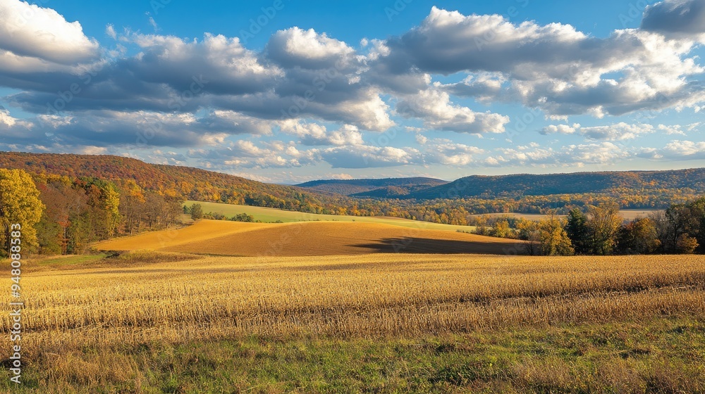 Obraz premium A wide landscape shot of fields transitioning from the harvest of summer to the golden hues of autumn
