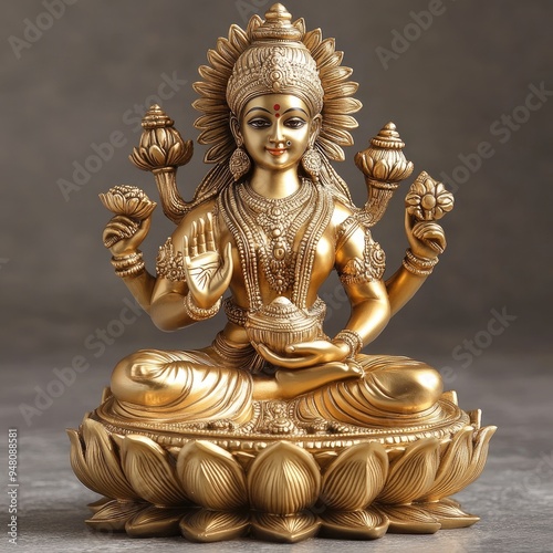Golden lakshmi statue sitting on lotus flower posing with offerings photo