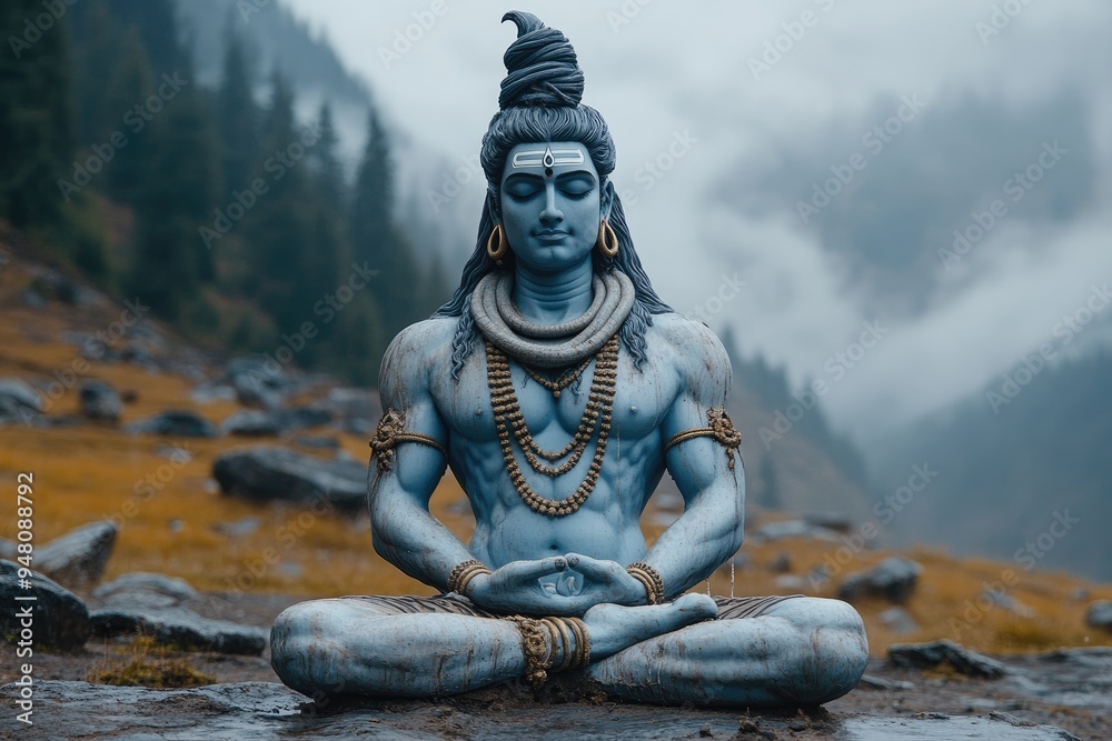 Meditative blue-skinned deity Lord Shiva seated in a mountainous landscape.